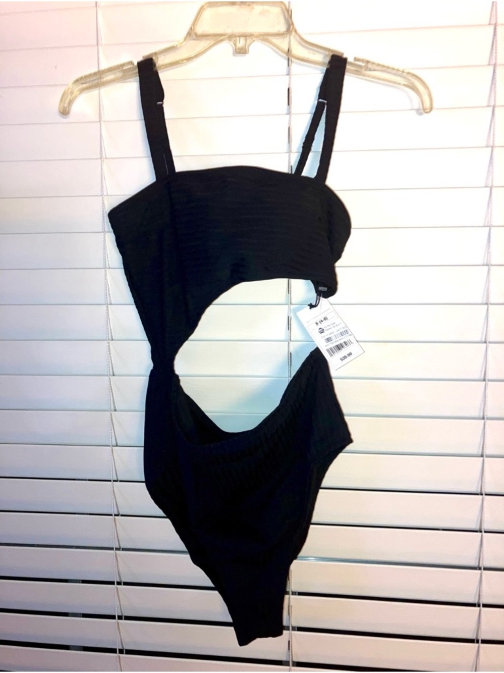 Black Ribbed Asymmetrical Cutout One Piece Minimalist Modern Swimsuit 3 Sizes